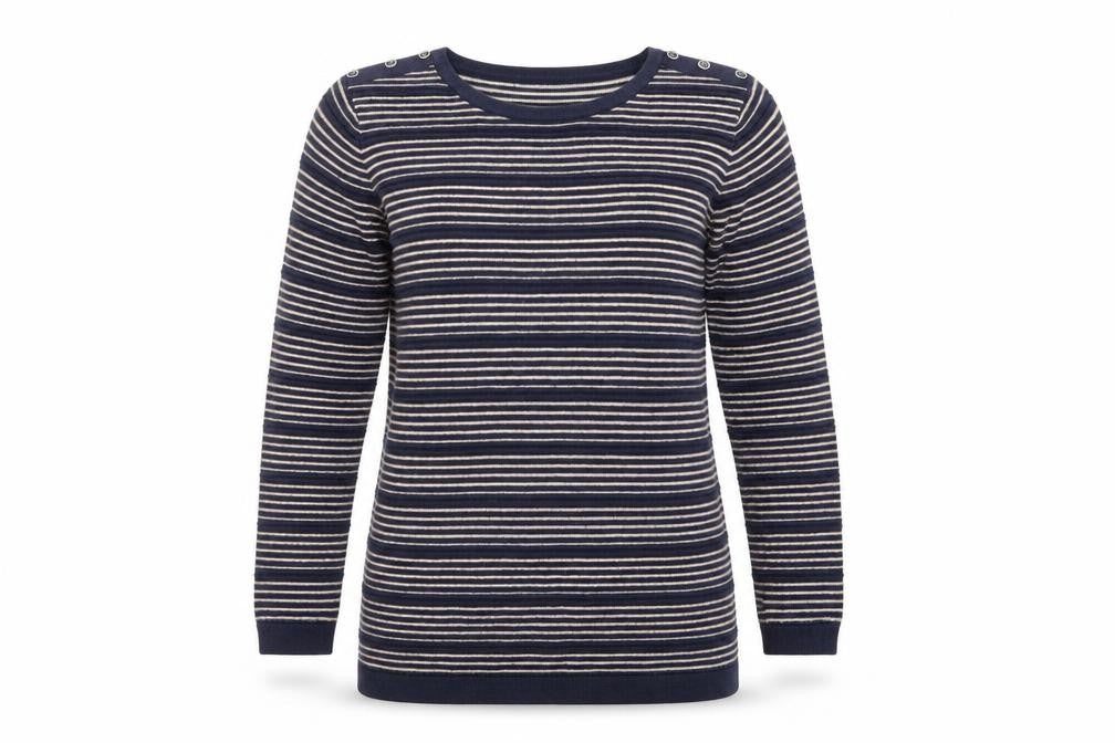 Front view of Isle Essentials women’s blue striped jumper, size UK 14, - blue & beige stripes