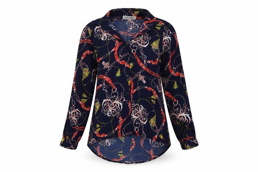 Front view of Jolie Angel women’s blue geometric basic button-up, size UK 6