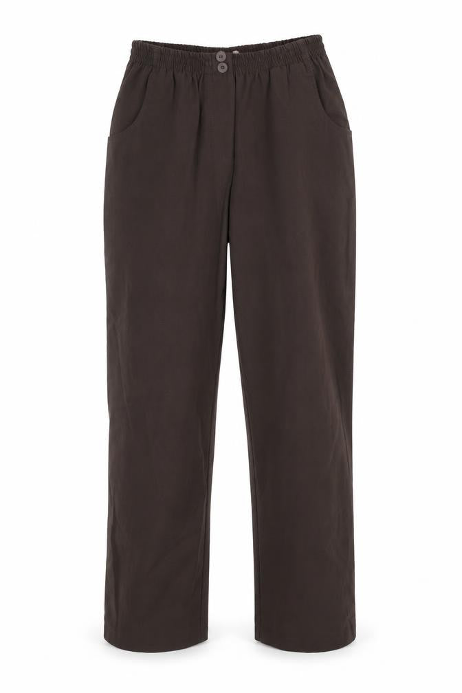 Front view of Preworn women’s brown trousers, size UK 12, 25-inch leg