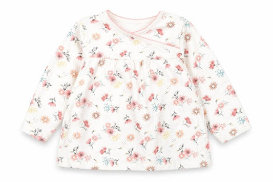 Front view of F&F girls’ white floral basic t-shirt, size 6-9, months