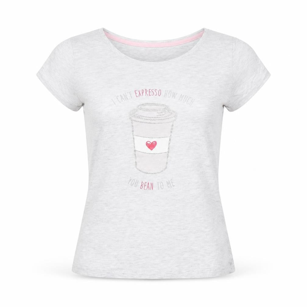 Front view of F&F women’s grey basic t-shirt, size UK 6, - coffee