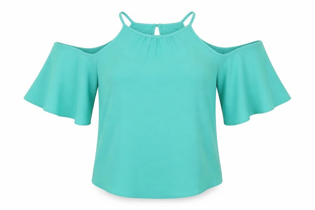 Front view of Papaya women’s green basic blouse, size UK 12, - cut out shoulders