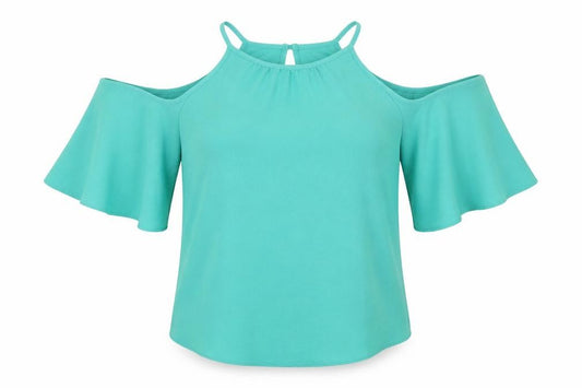 Front view of Papaya women’s green basic blouse, size UK 12, - cut out shoulders