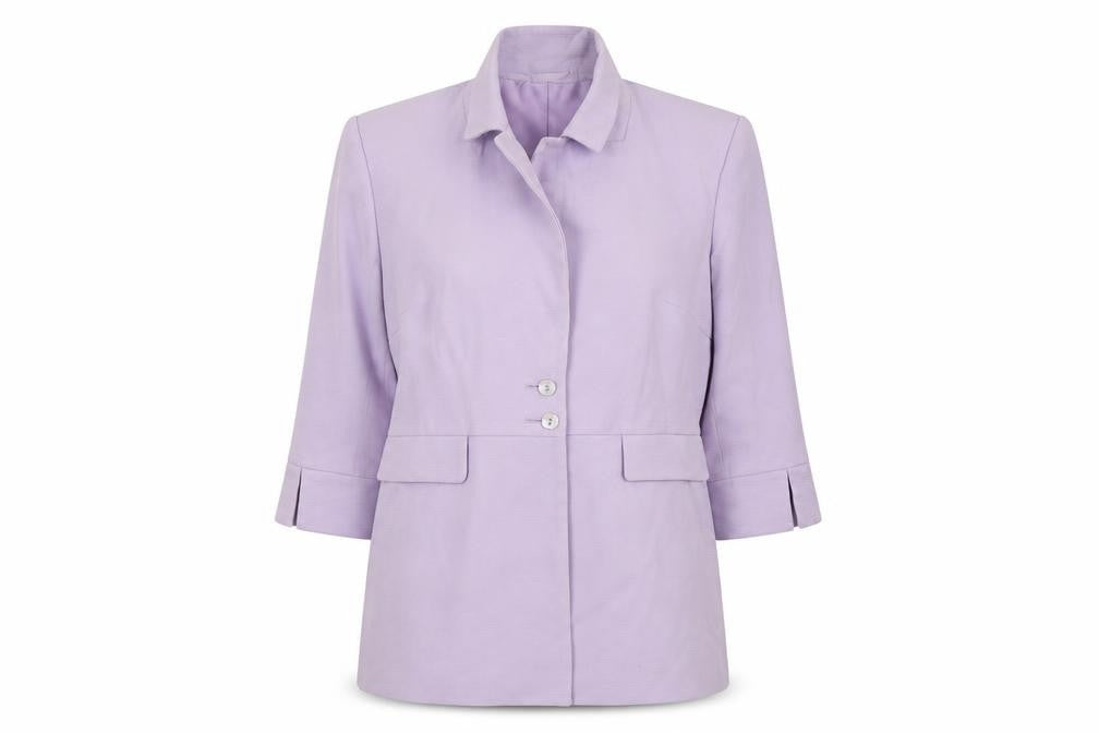Front view of Miss Cassidy women’s purple jacket blazer, size UK 10