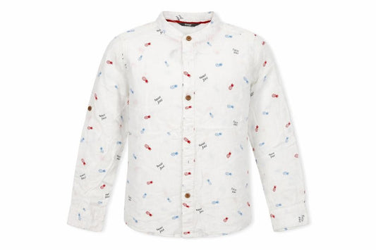 Front view of MAX boys’ white spotted basic button-up, size 7-8, years
