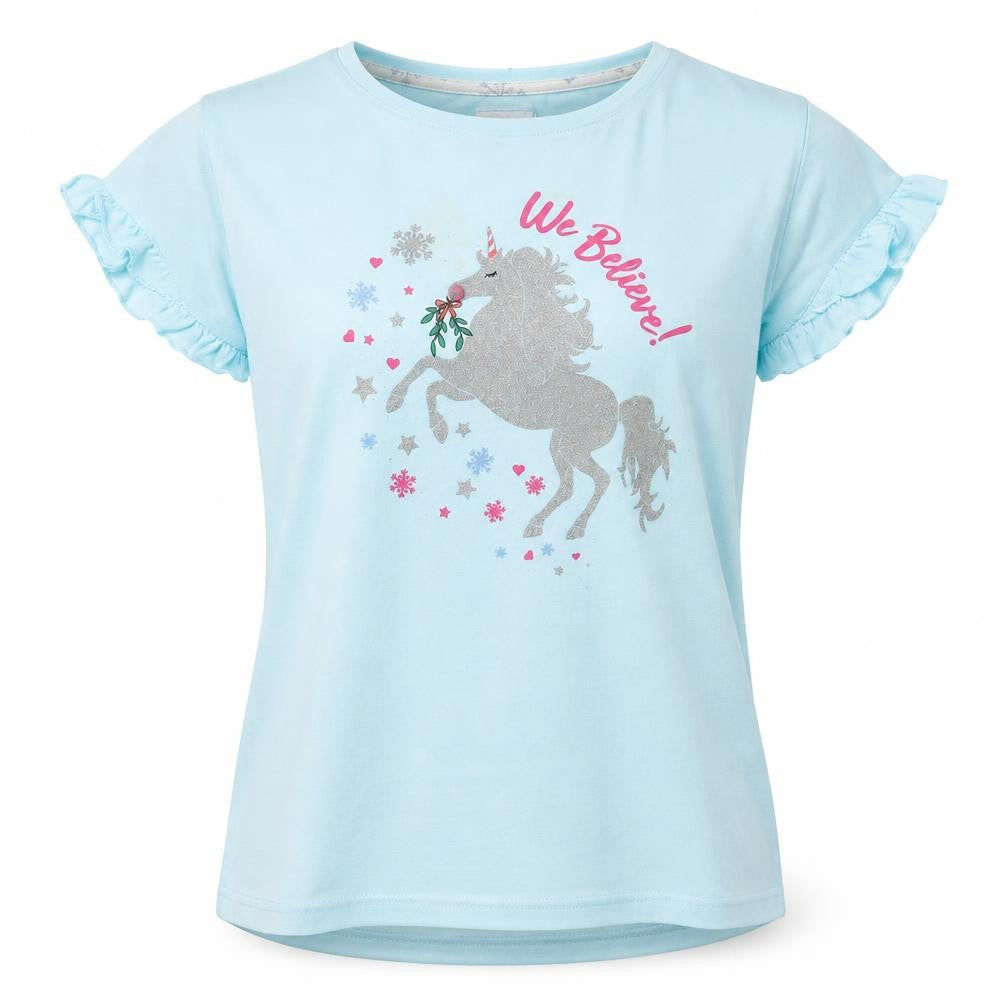 Front view of Preworn women’s blue top pyjama top, size UK 12, - unicorn