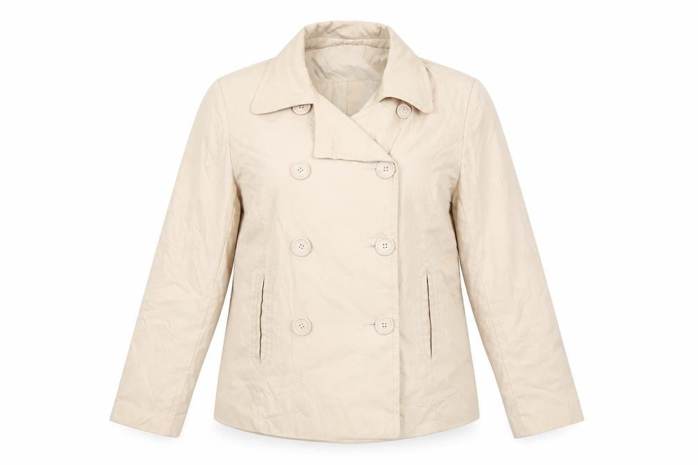 Front view of ALIBI women’s beige pea coat coat, size UK 16