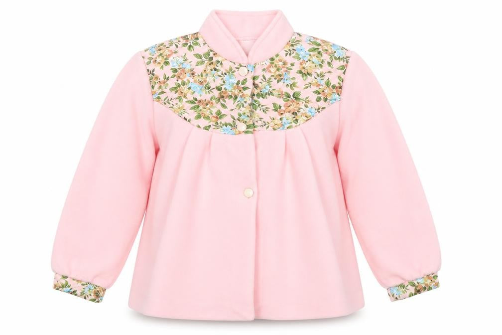 Front view of Preworn women’s pink floral jacket, size UK 12