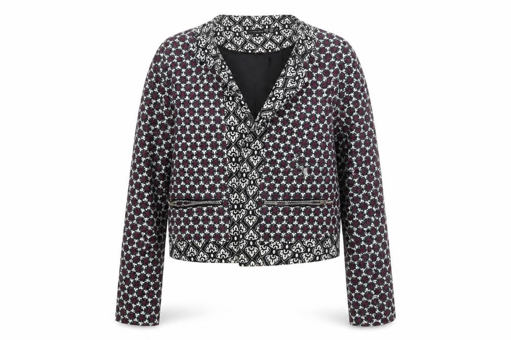 Front view of Atmosphere women’s white floral jacket, size UK 10