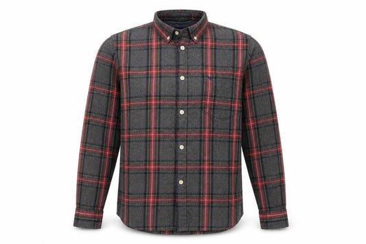 Front view of Morley men’s grey plaid cotton button-up, size M