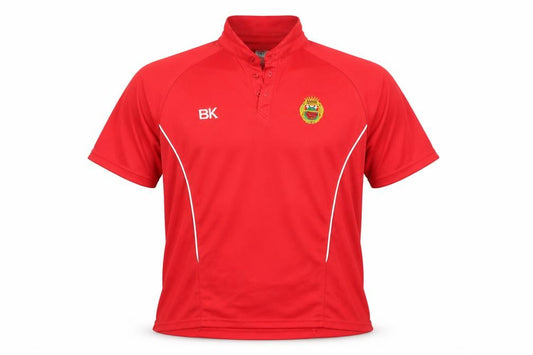 Front view of men’s red polyester jersey casual, size 38, collared
