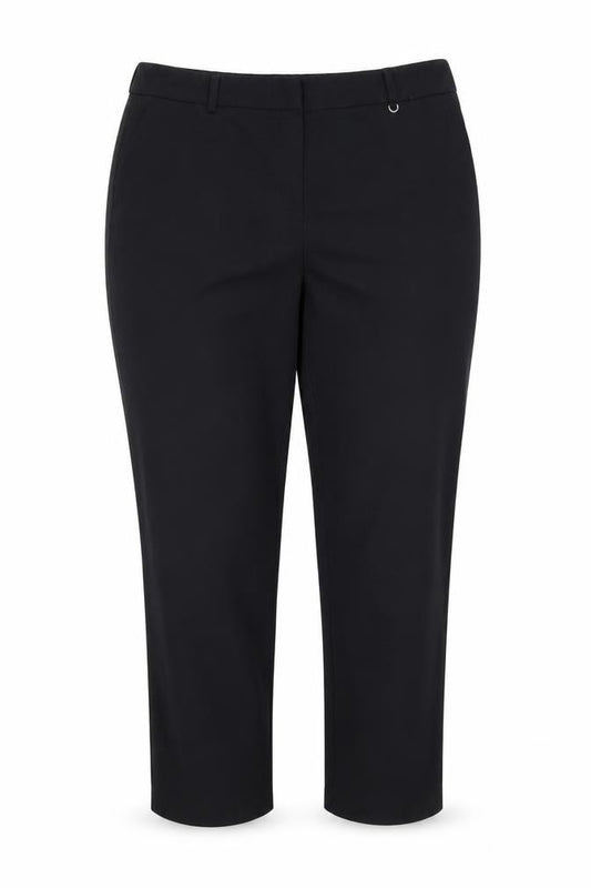 Front view of Dorothy Perkins women’s black polyester trousers, size UK 14, 25-inch leg regular