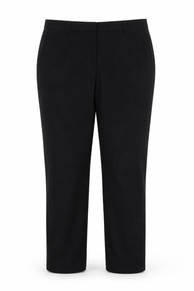 Front view of Marks & Spencer women’s black polyester trousers, size UK 14, 28-inch leg regular