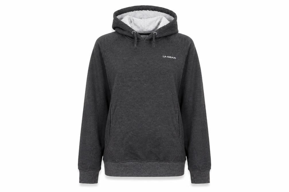 Front view of LA Gear women’s grey polyester pullover hoodie, size UK 8