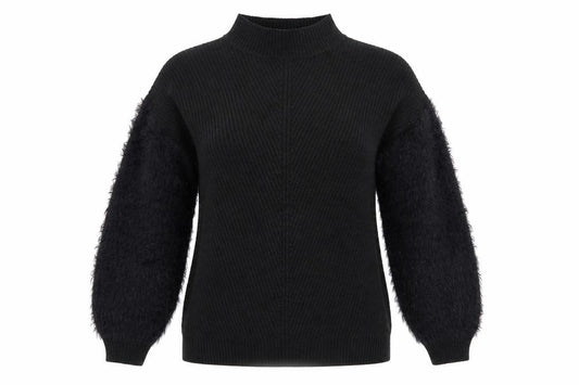 Front view of Primark women’s black high neck acrylic jumper, size S, - fluffy sleeves