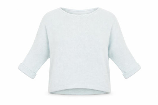Front view of H&M women’s blue crew neck acrylic jumper, size UK 6, - pale blue