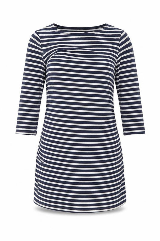 Front view of New Look women’s blue striped viscose basic t-shirt, size UK 12
