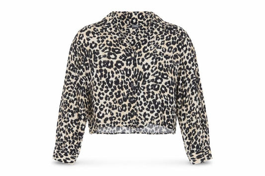 Front view of Topshop women’s brown animal print viscose basic button-up, size UK 10