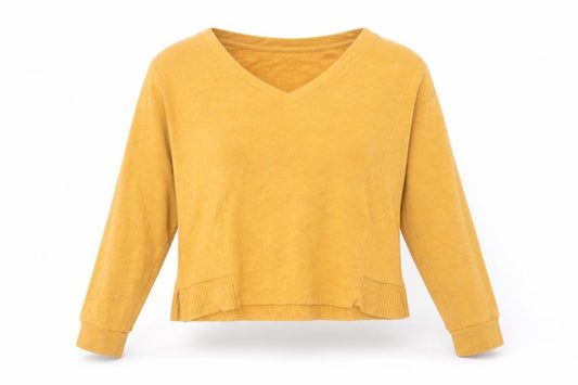 Front view of Bershka women’s yellow v-neck cotton jumper, size M