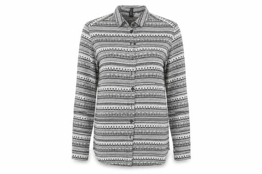 Front view of H&M women’s white striped viscose basic button-up, size UK 10, collared