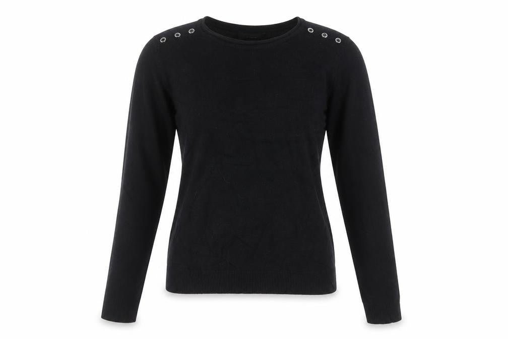 Front view of Atmosphere women’s black acrylic basic t-shirt, size UK 10, round neck
