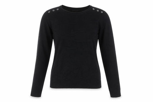 Front view of Atmosphere women’s black acrylic basic t-shirt, size UK 10, round neck
