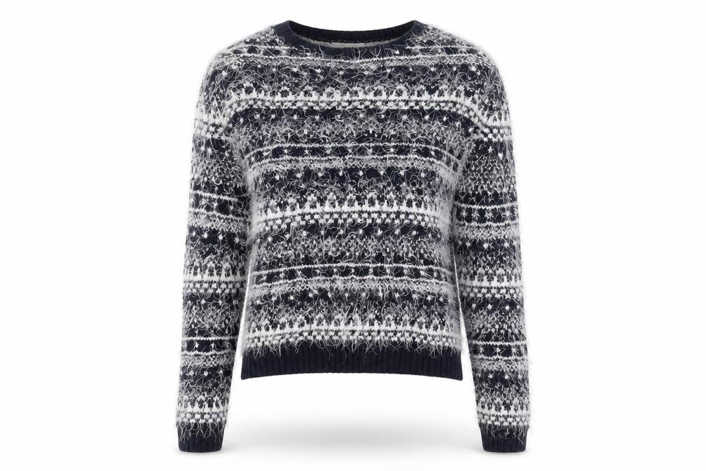 Front view of BHS women’s blue round neck acrylic jumper, size UK 8