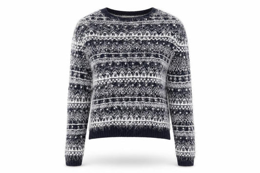 Front view of BHS women’s blue round neck acrylic jumper, size UK 8