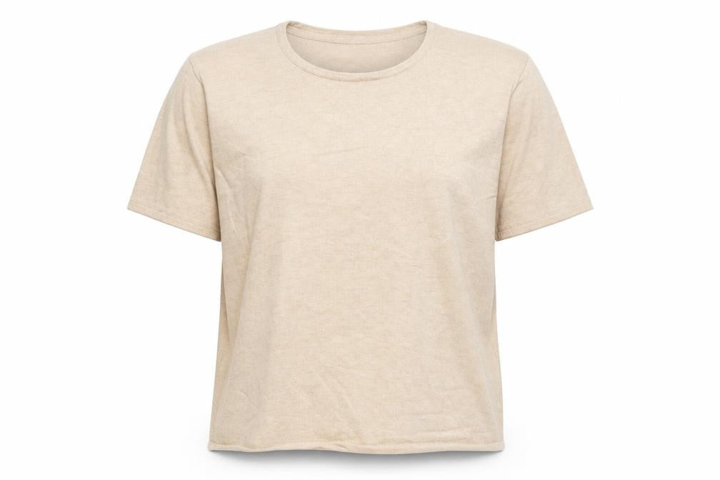 Front view of label be women’s beige viscose basic t-shirt, size UK 20, round neck
