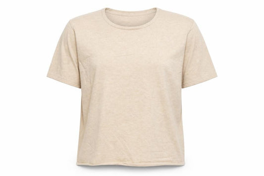 Front view of label be women’s beige viscose basic t-shirt, size UK 20, round neck