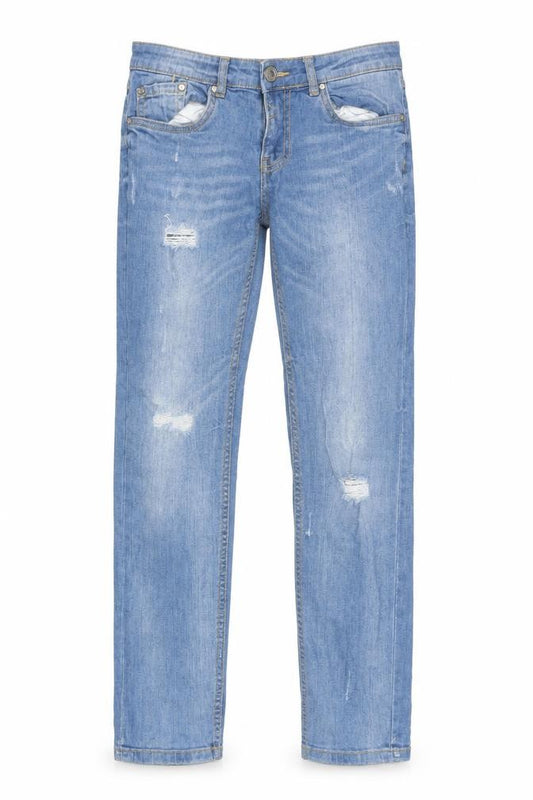 Front view of DENIM CO women’s blue cotton boyfriend jeans, size UK 6, 28-inch leg regular