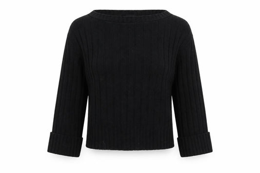 Front view of PRETTYLITTLETHING women’s black scoop neck striped acrylic jumper, size M