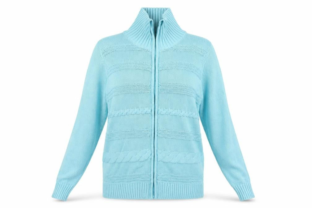 Front view of Bonmarché women’s blue high neck cotton full zip jumper, size M