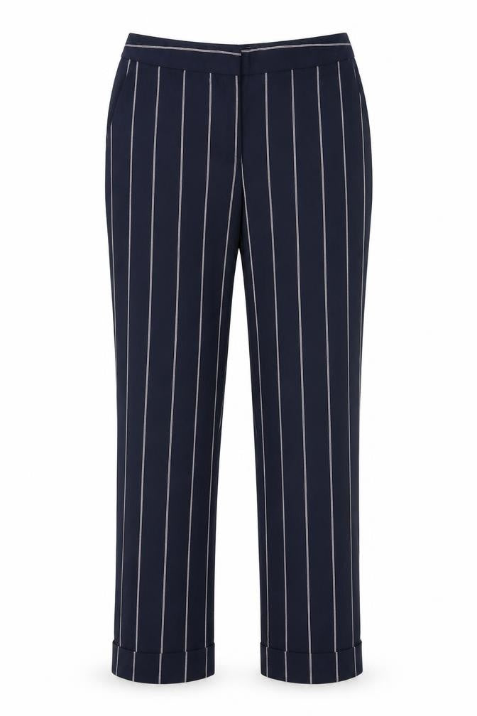 Front view of ASOS women’s blue striped polyester trousers, size UK 6, 26.5-inch leg regular