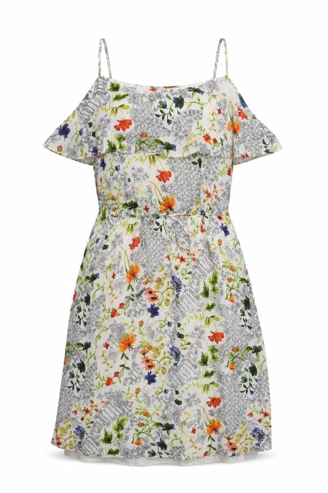 Front view of Max Jeans women’s white floral fit & flare, size M, round neck