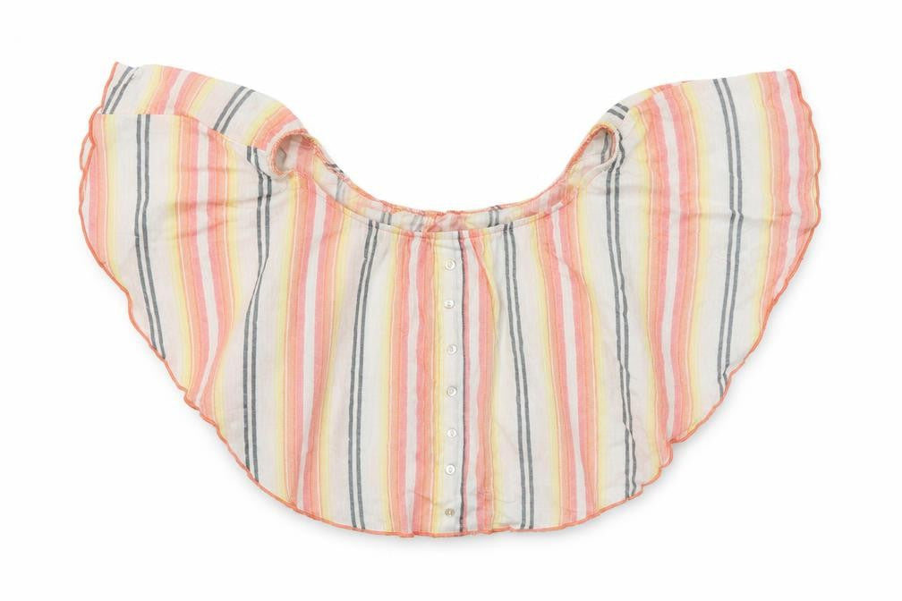 Front view of Primark women’s multicoloured striped viscose cropped blouse, size UK 14, off the shoulder