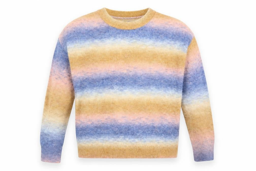 Front view of New Look women’s multicoloured striped acrylic pullover sweatshirt, size M