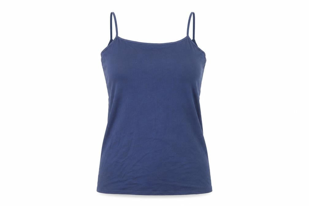 Front view of Marks & Spencer women’s blue polyester basic t-shirt, size UK 12, round neck