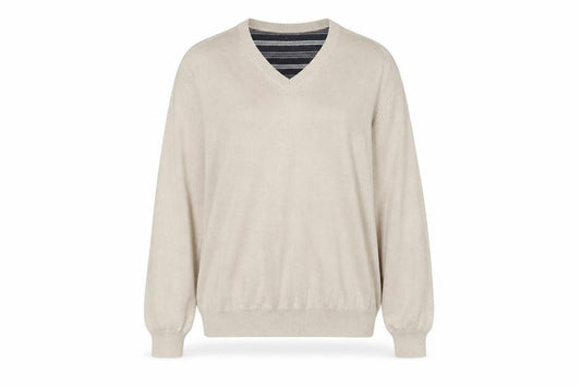 Front view of Marks & Spencer women’s beige v-neck cotton jumper, size 2XL
