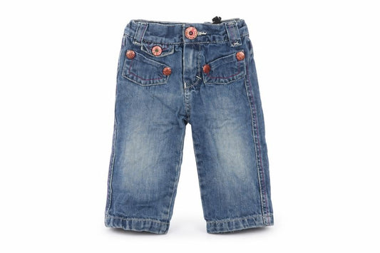 Front view of Petit Patapon girls’ blue cotton jeans, size 9-12, months