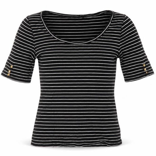 Ann Taylor Womens Black Striped Cotton Basic T-Shirt Size XS Round Neck