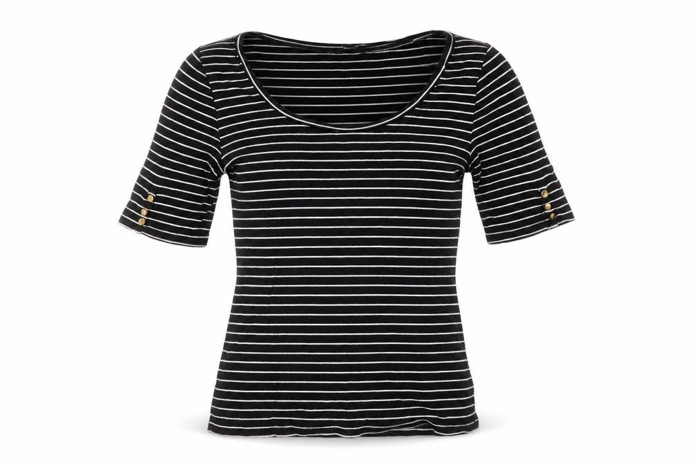 Ann Taylor Womens Black Striped Cotton Basic T-Shirt Size XS Round Neck