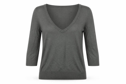 Front view of Topshop women’s grey v-neck acrylic jumper, size UK 8