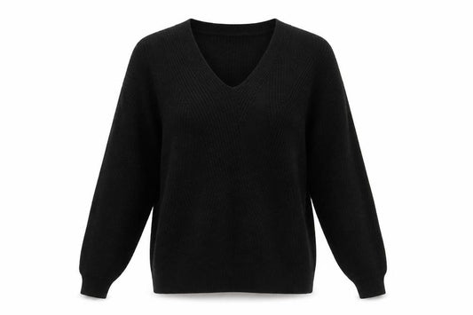 Front view of Topshop women’s black v-neck acrylic jumper, size UK 6