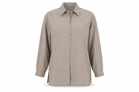 Front view of Lauren Duvar women’s beige polyester basic button-up, size UK 14, collared