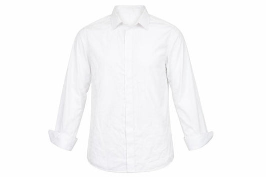 Front view of ColinRoss men’s white polyester button-up, size 16.5 collared
