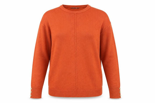 Front view of Pep&Co women’s orange crew neck acrylic jumper, size UK 10