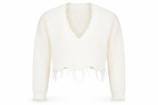 Front view of PRETTYLITTLETHING women’s white v-neck acrylic jumper, size S