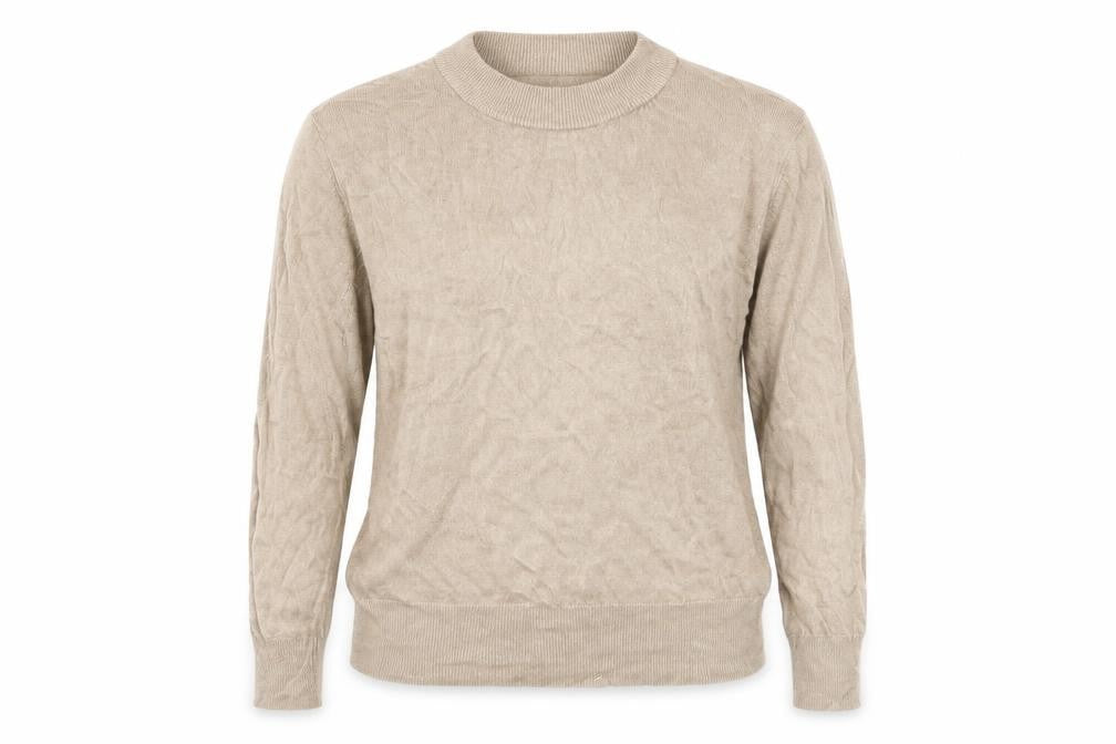 Front view of Preworn women’s brown crew neck acrylic jumper, size UK 20