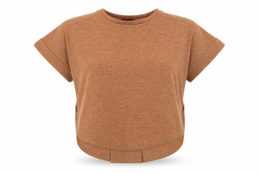 Front view of River Island women’s brown crew neck polyester jumper, size UK 8
